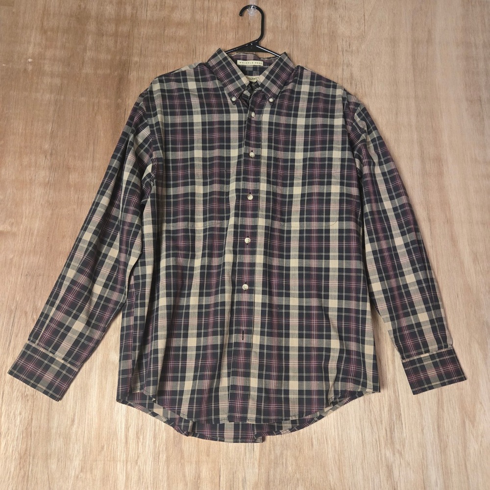 Munsingwear Mens XL Plaid Button Down Shirt Wrinkle Free Long Sleeve Navy